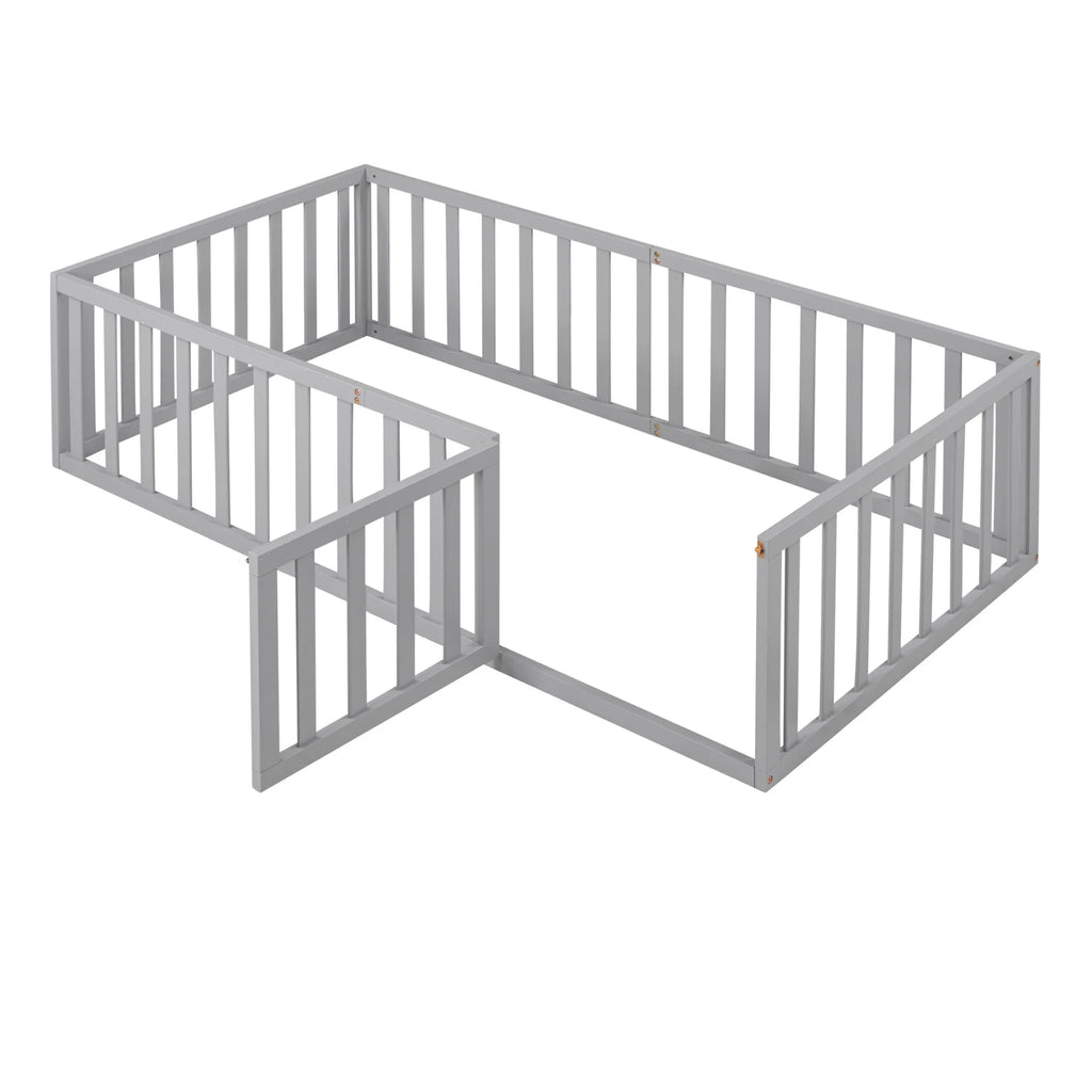 Twin Size Wood Floor Bed with Rails and Door S537