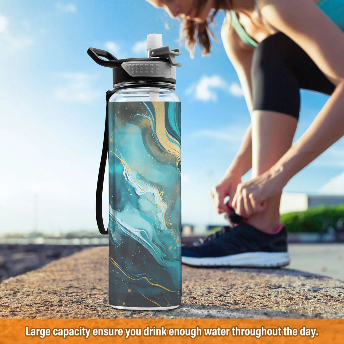 Green Marble and Golden 32oz Tritan Leakproof Sports Bottle with Straw X416717