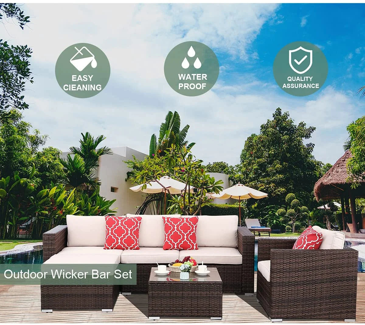 6pcs Gray Rattan Wicker Sectional Outdoor Sofa Set with Black Washable Seat Cushions & Glass Coffee Table J698