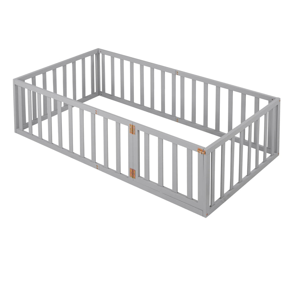 Twin Size Wood Floor Bed with Rails and Door S537