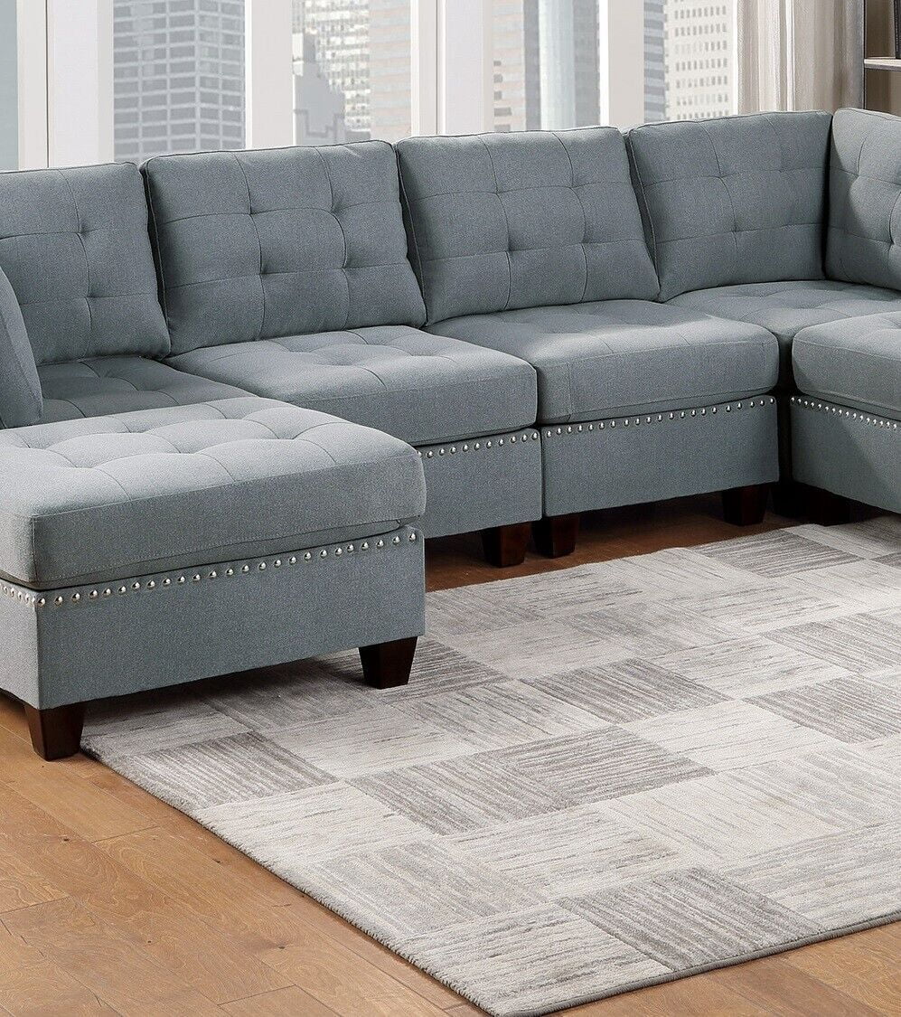 Gray Fabric 6pc U-Sectional Couch with 2 Corner Wedge, 2 Armless Chairs, 2 Ottomans F80276