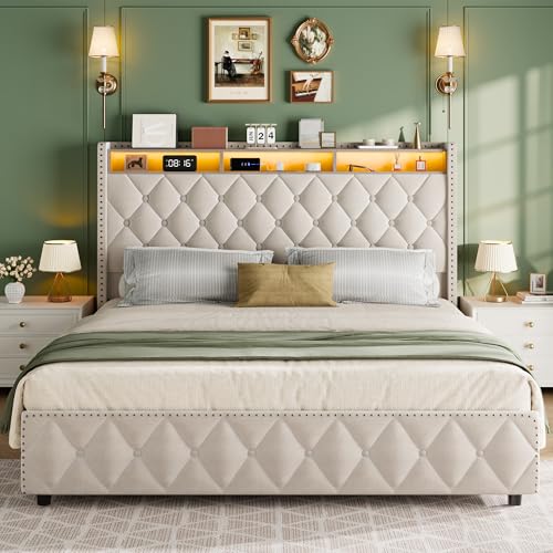 Queen Velvet Upholstered Bed Frame with 4 Storage Drawers, Beige N56921