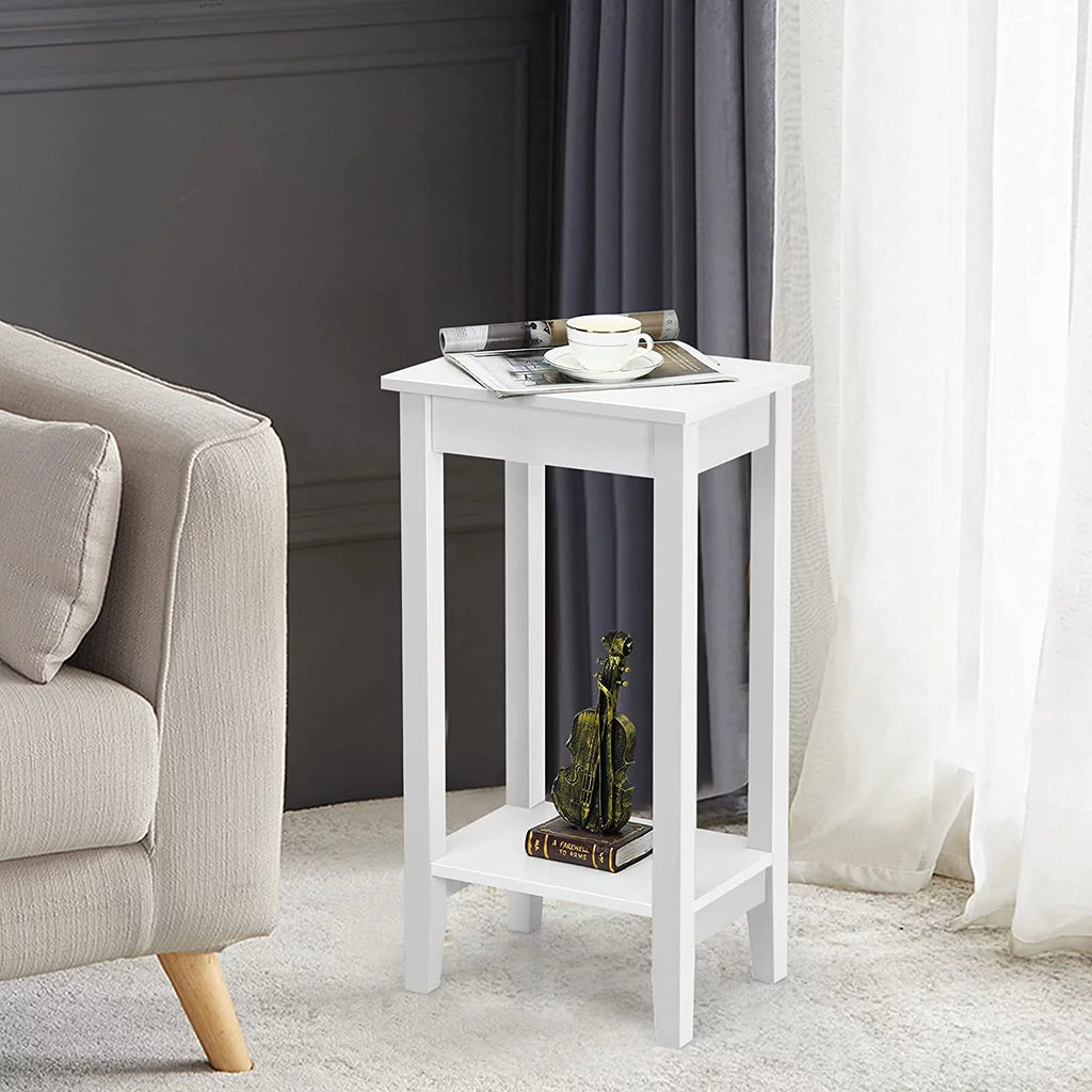 2-Tier End Table with Shelf and Wooden Legs, White K2106