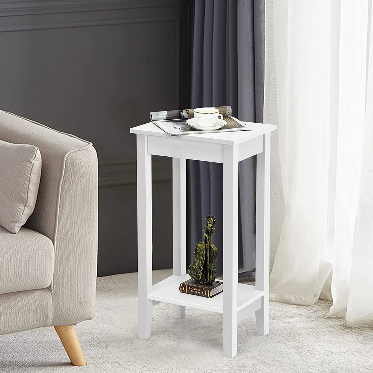 2-Tier End Table with Shelf and Wooden Legs, White K2106