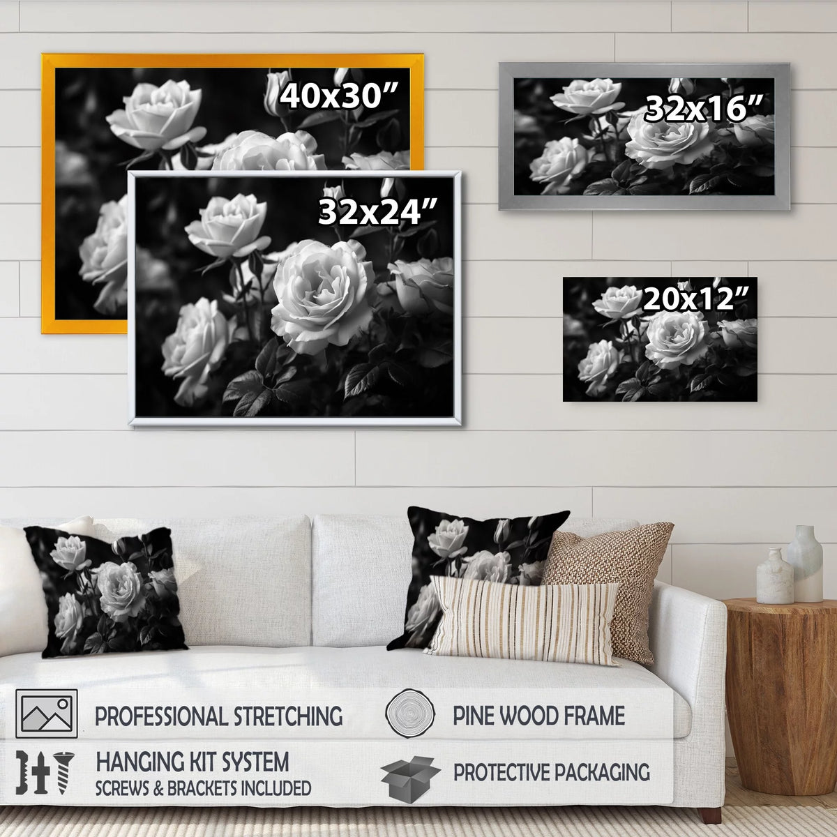 Grey Rose Framed Canvas Art Print 32 in. wide x 24 in. high F59806