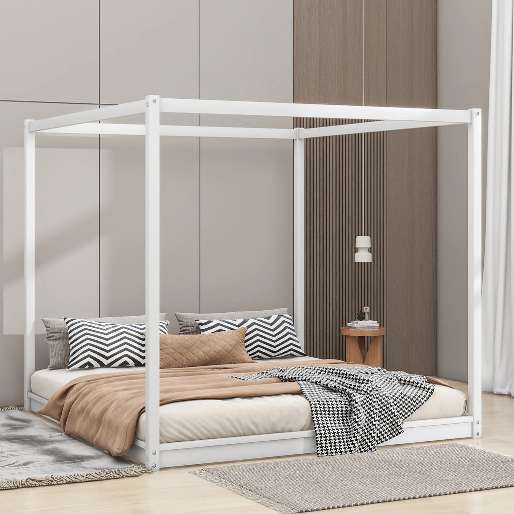 White Pine Wood Queen Size Canopy Platform Bed A325920