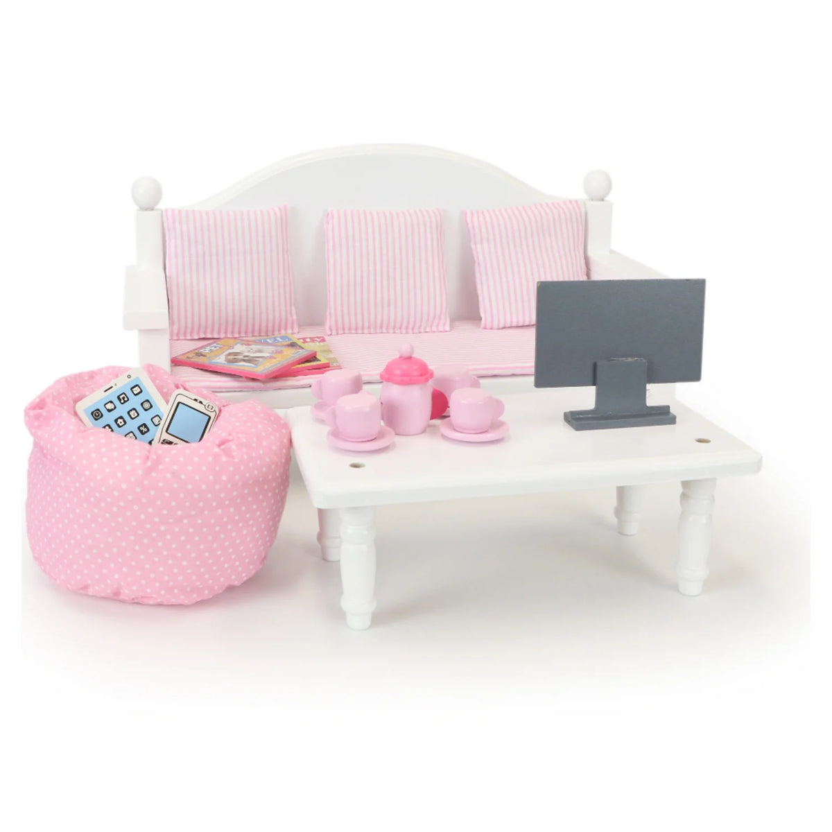 18" Dolls Wood Sofa & Coffee Table with Accessories E900171