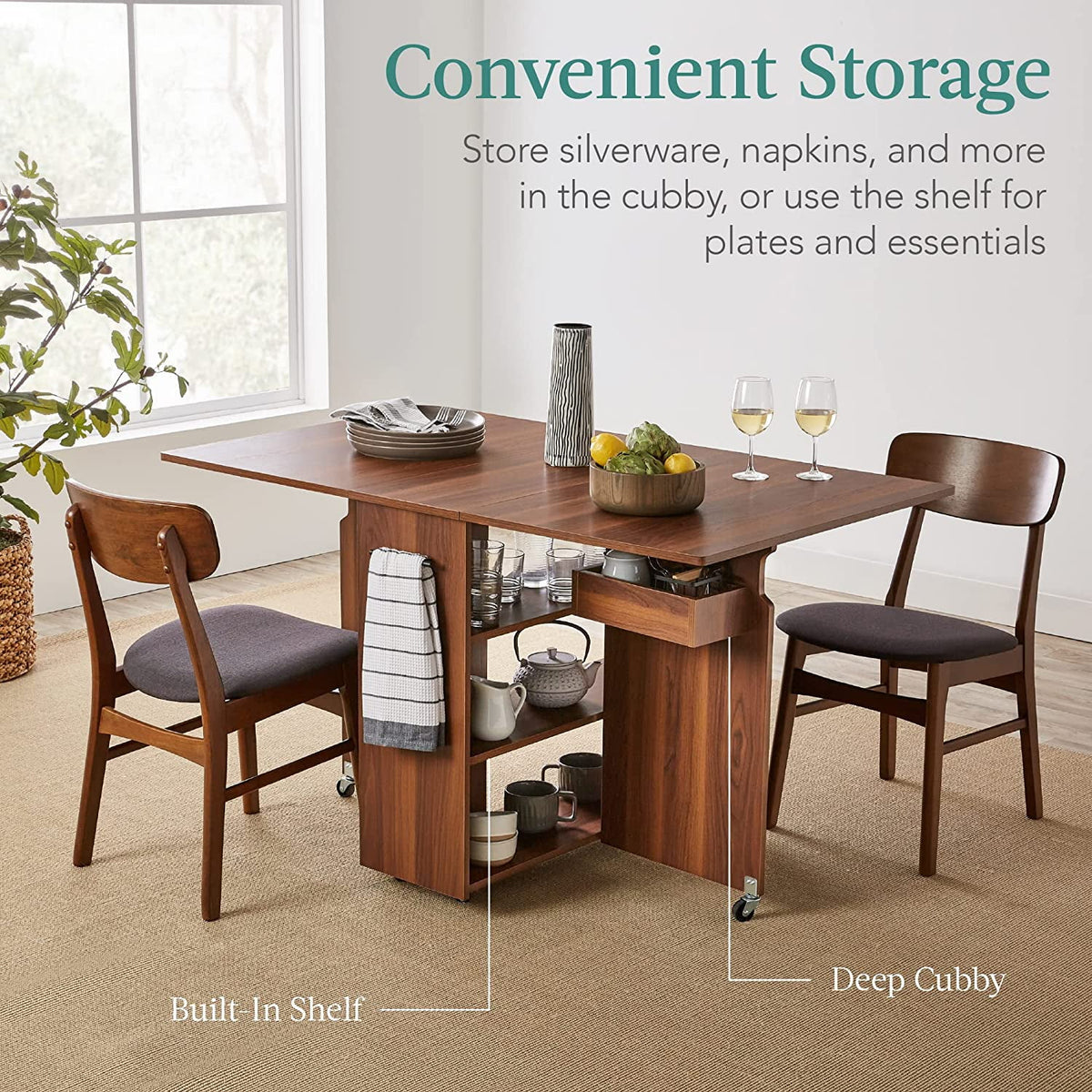 Folding Drop Leaf Dining Table with Wheels and 3 Storage Shelves Brown A557183
