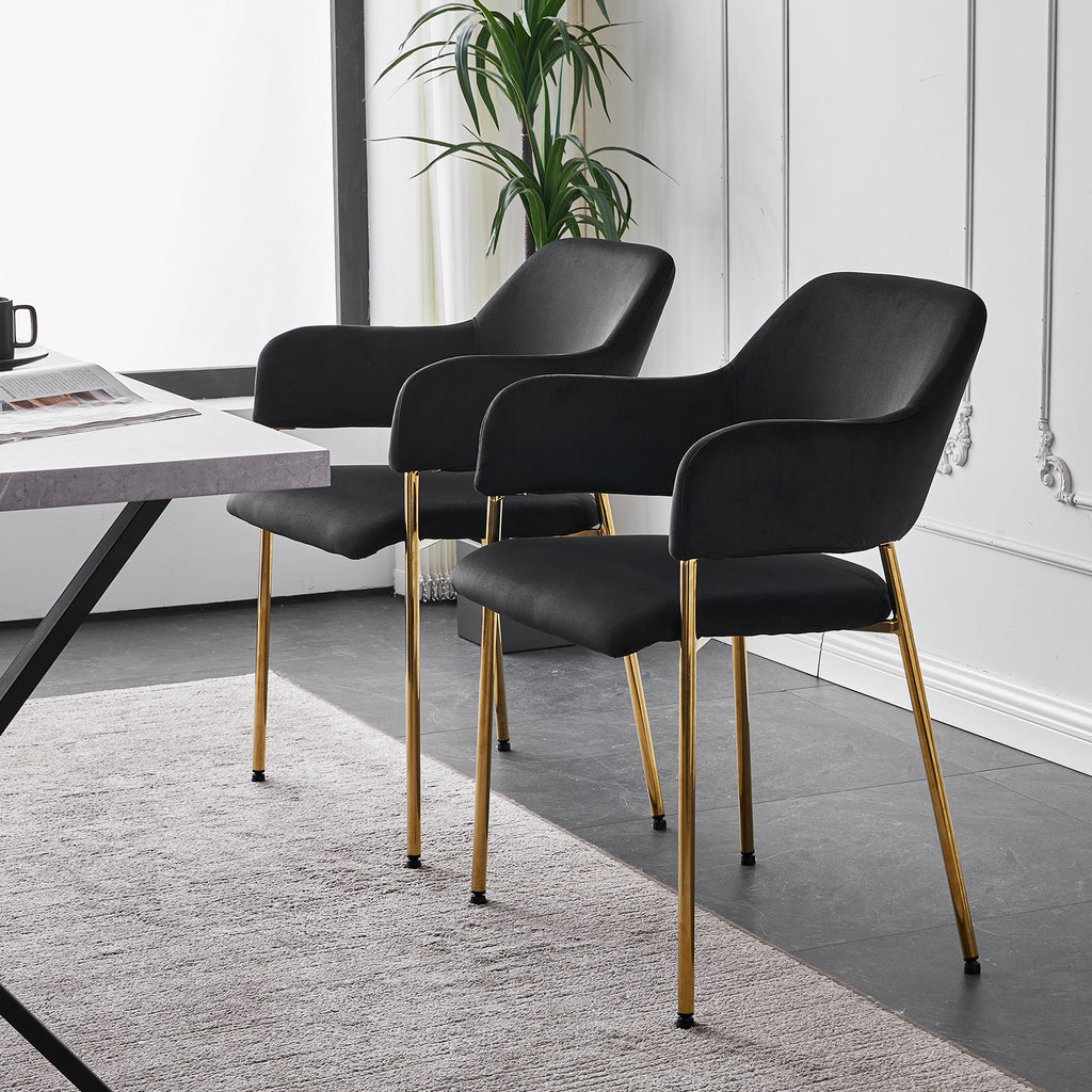 Black Velvet Dining Chairs Set of 2 with Armrest and Golden Chrome Legs C7826