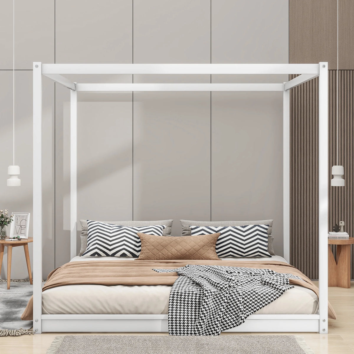 White Pine Wood Queen Size Canopy Platform Bed A325920