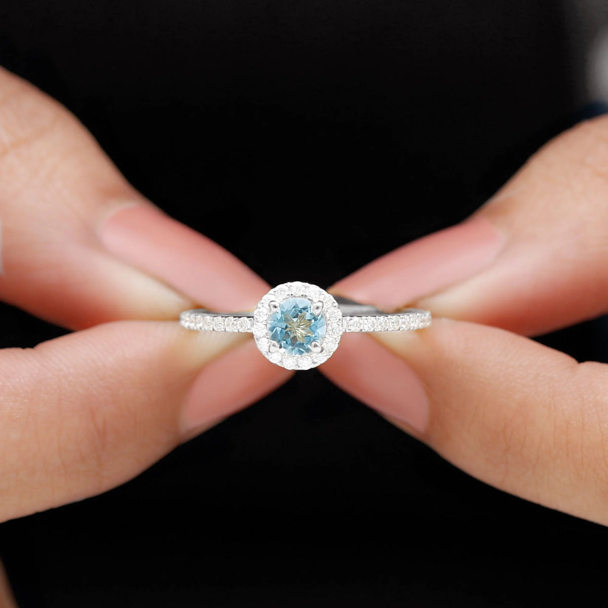 10K White Gold Aquamarine Ring with Diamond Halo H34056