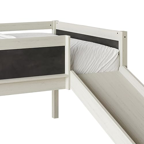 Antique Gray Wood Twin Loft Bed Frame with Slide, Climbing Ladder, Chalkboard, Guardrail V691