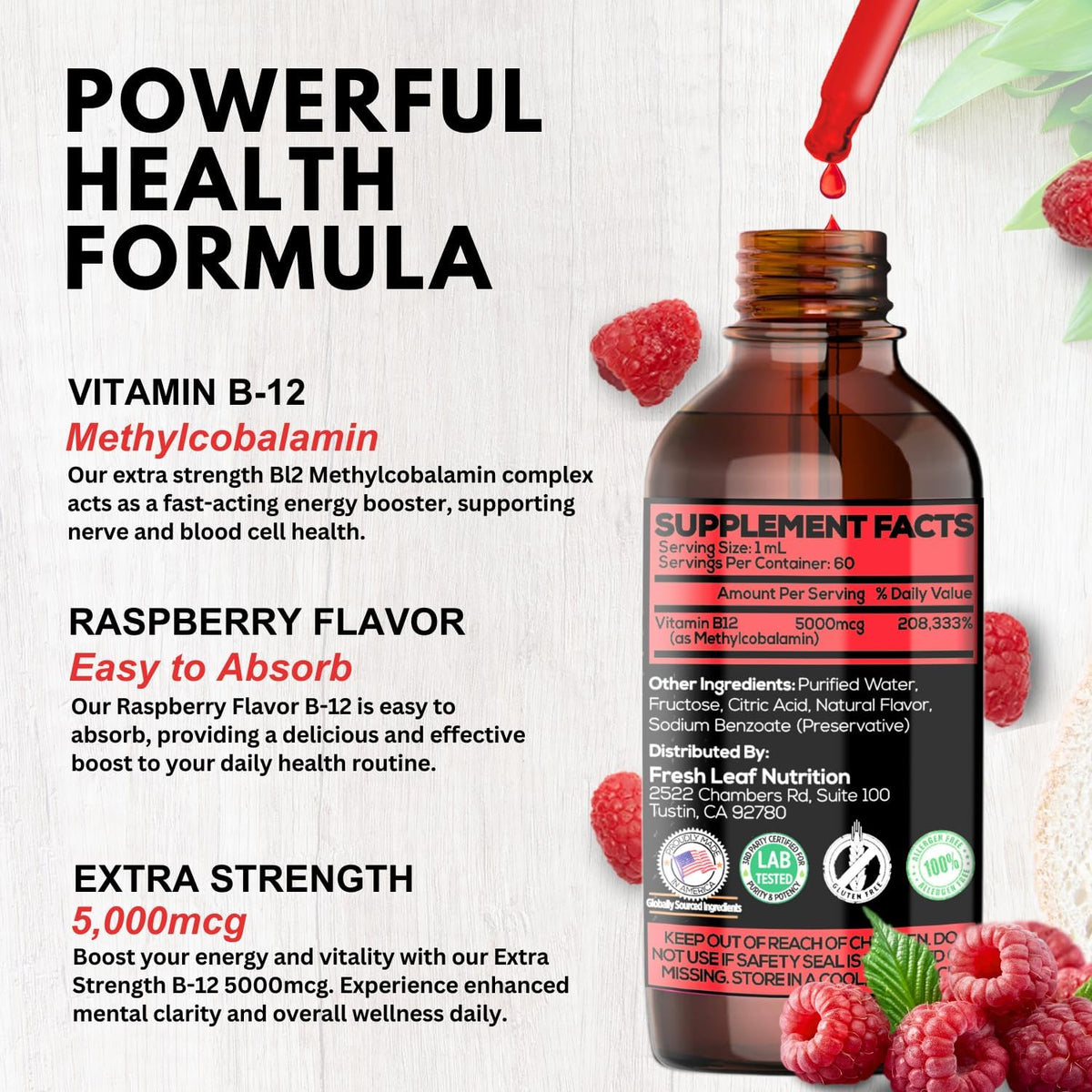 60 x 5000 mcg Raspberry Flavored Vitamin B12 Liquid Methylcobalamin Supplement M951