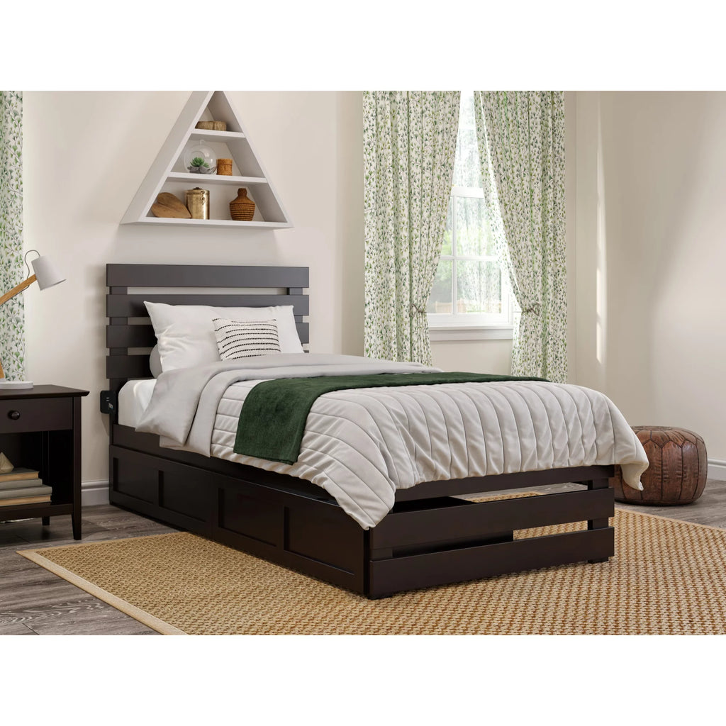 Espresso Solid Wood Twin XL Bed with Footboard & Drawers A25172