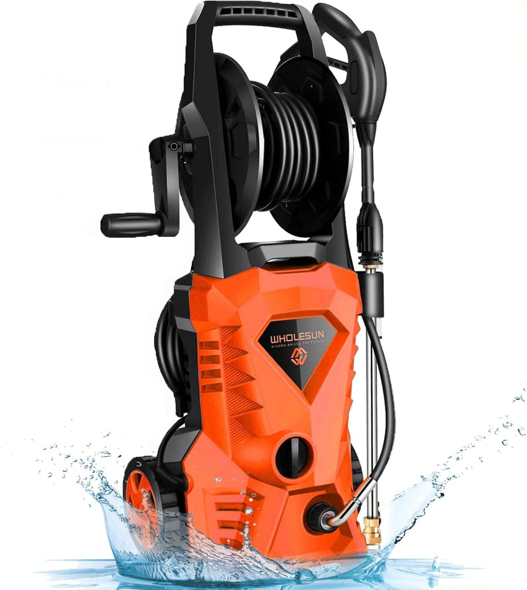 Orange Electric Pressure Washer with Hose Reel and Brush U708