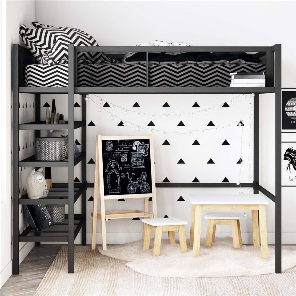 Black Metal Twin Storage Loft with Bookcase F439017