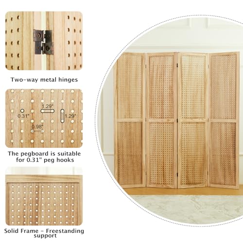 66.9inch Freestanding Folding Pegboard Privacy Screens 4 Panels White S7022