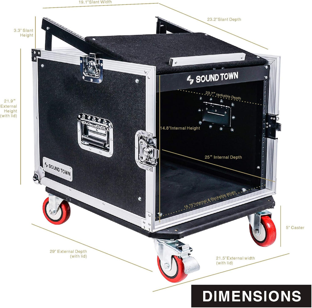 8U PA DJ Pro Audio Rack Case with 13U Slant Mixer Top and Casters W14745