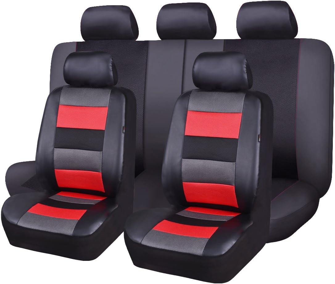 Black Leather and Red Fabric Car Seat Covers Full Set F984082