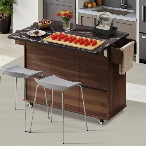 Kitchen Island Cart with Trash Can Storage, Drop Leaf, Drawers, Adjustable Shelves, Lockable Wheels T68375