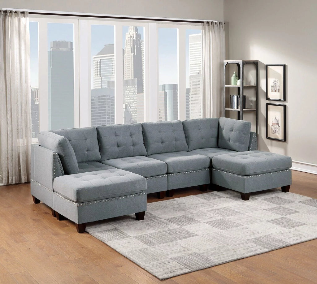Gray Fabric 6pc U-Sectional Couch with 2 Corner Wedge, 2 Armless Chairs, 2 Ottomans F80276