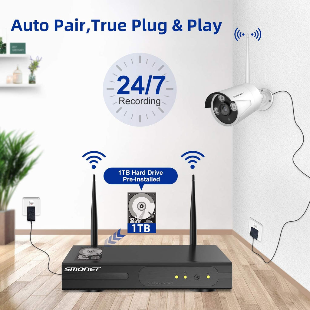 8 Channel 1080P Wireless Security Camera System with 12" Monitor 2TB Hard Drive 4pcs Indoor Outdoor IP Cameras Night Vision H7383