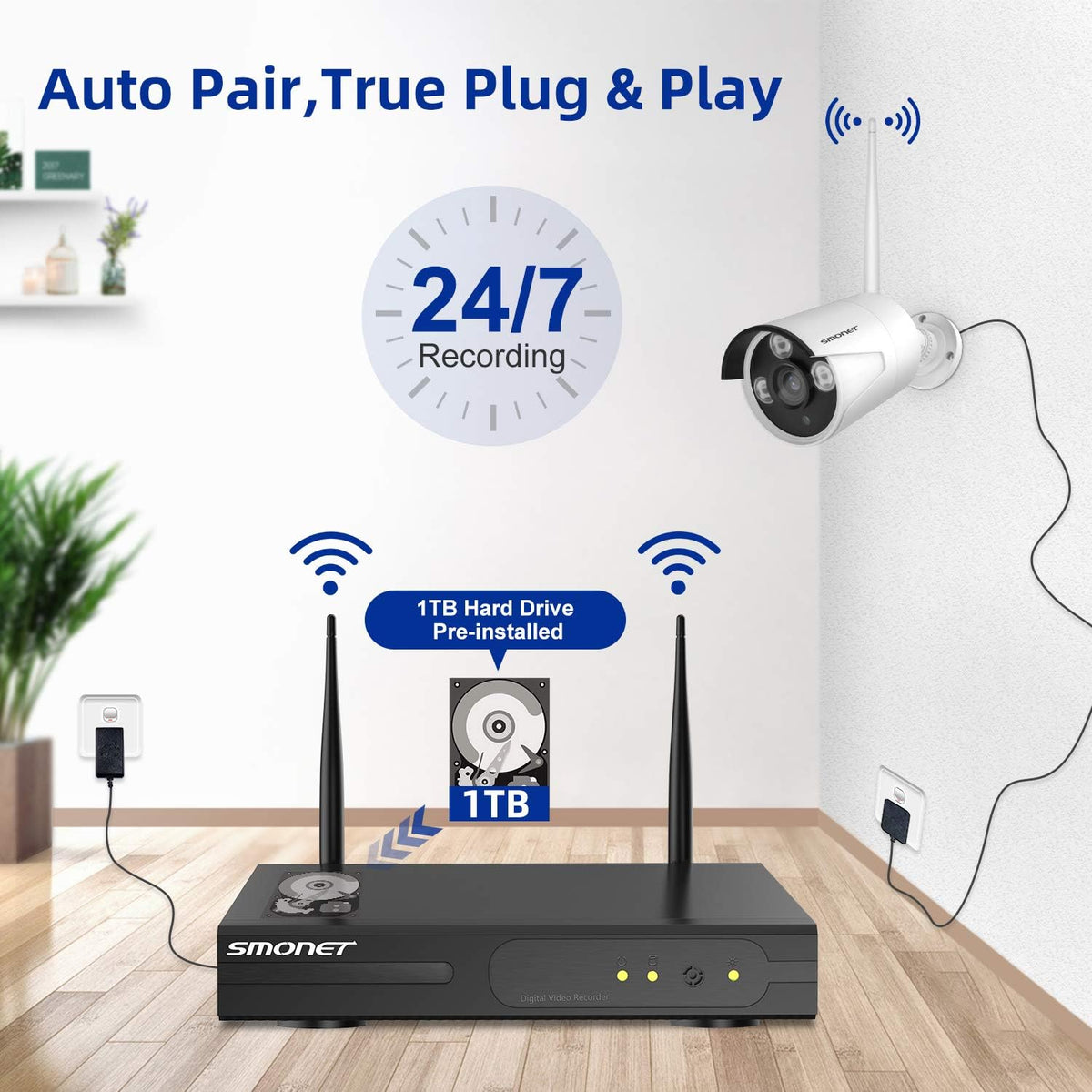 8 Channel 1080P Wireless Security Camera System with 12" Monitor 2TB Hard Drive 4pcs Indoor Outdoor IP Cameras Night Vision H7383