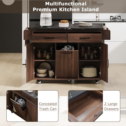 Kitchen Island Cart with Trash Can Storage, Drop Leaf, Drawers, Adjustable Shelves, Lockable Wheels T68375