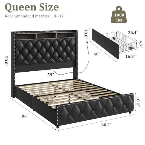 Queen Velvet Upholstered Bed Frame with 4 Storage Drawers, Beige N56921