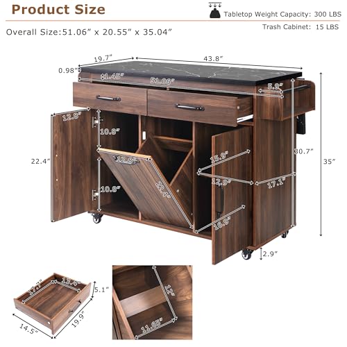 Kitchen Island Cart with Trash Can Storage, Drop Leaf, Drawers, Adjustable Shelves, Lockable Wheels T68375