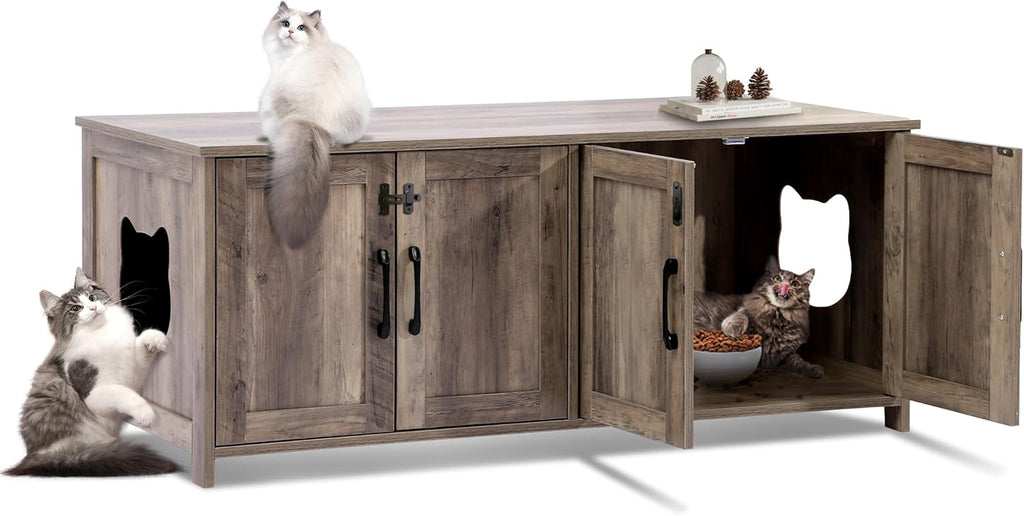 Greige Wooden Cat Litter Box Enclosure with Lockable Door B24905