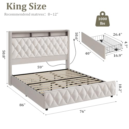 Queen Velvet Upholstered Bed Frame with 4 Storage Drawers, Beige N56921