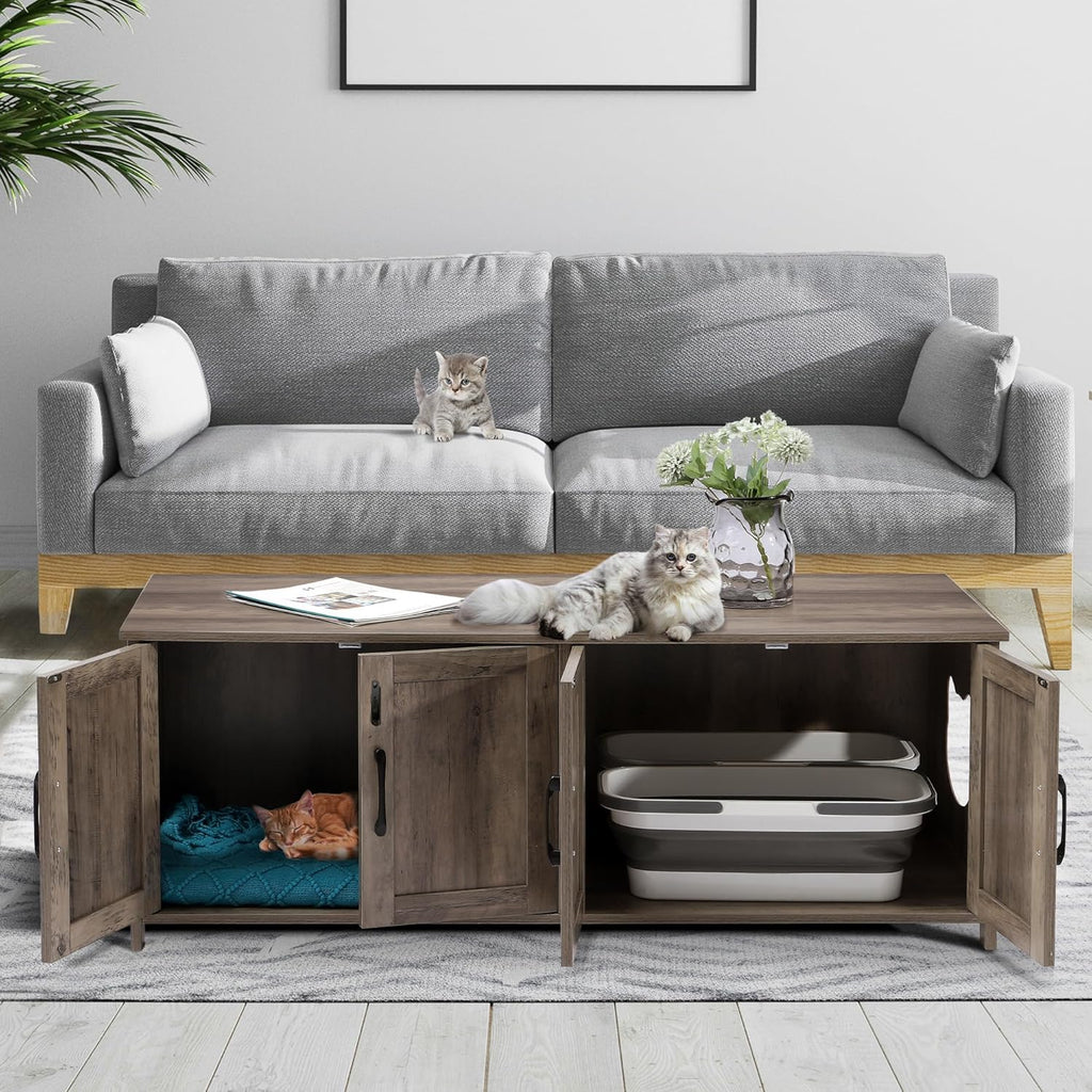 Greige Wooden Cat Litter Box Enclosure with Lockable Door B24905