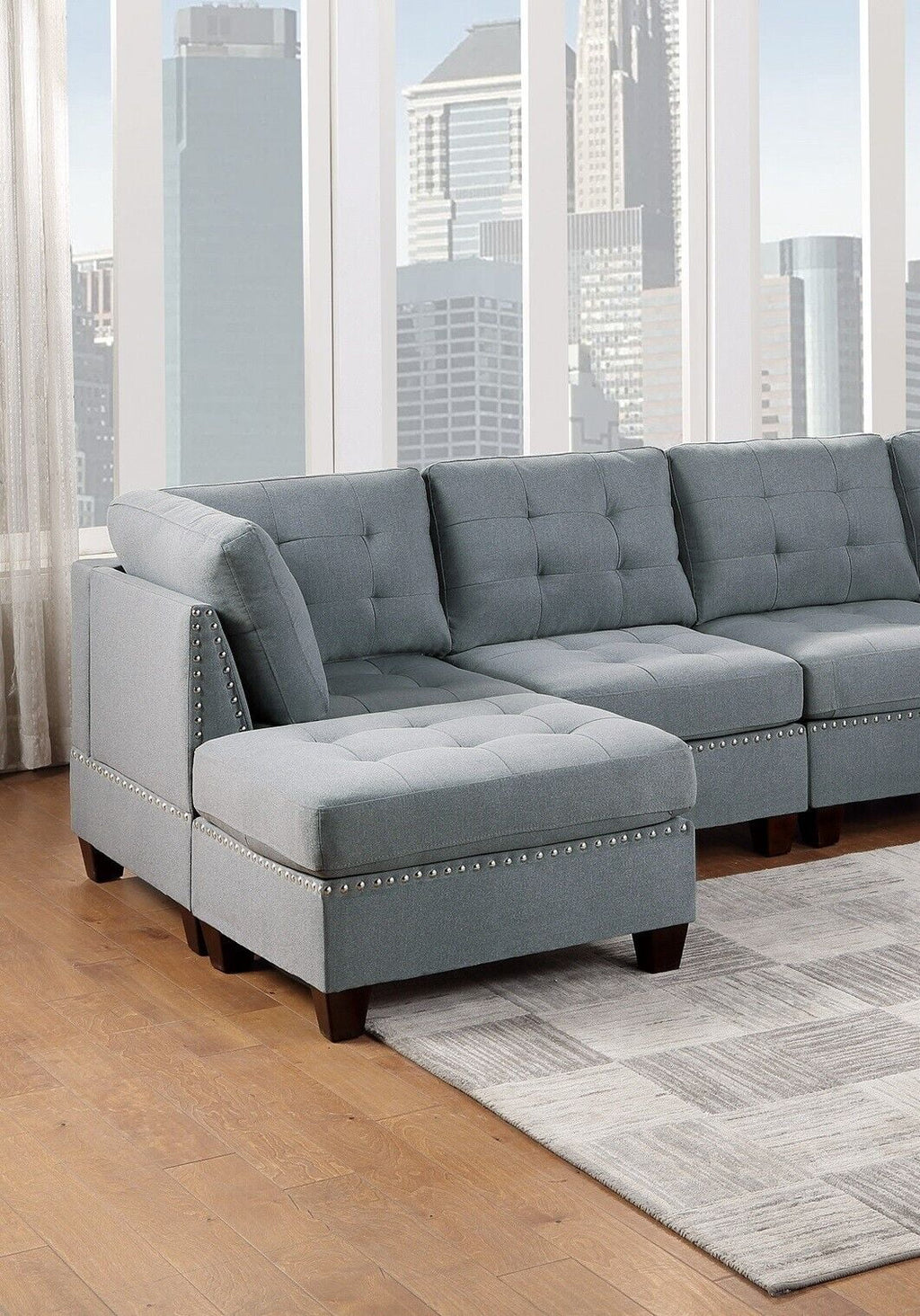 Gray Fabric 6pc U-Sectional Couch with 2 Corner Wedge, 2 Armless Chairs, 2 Ottomans F80276