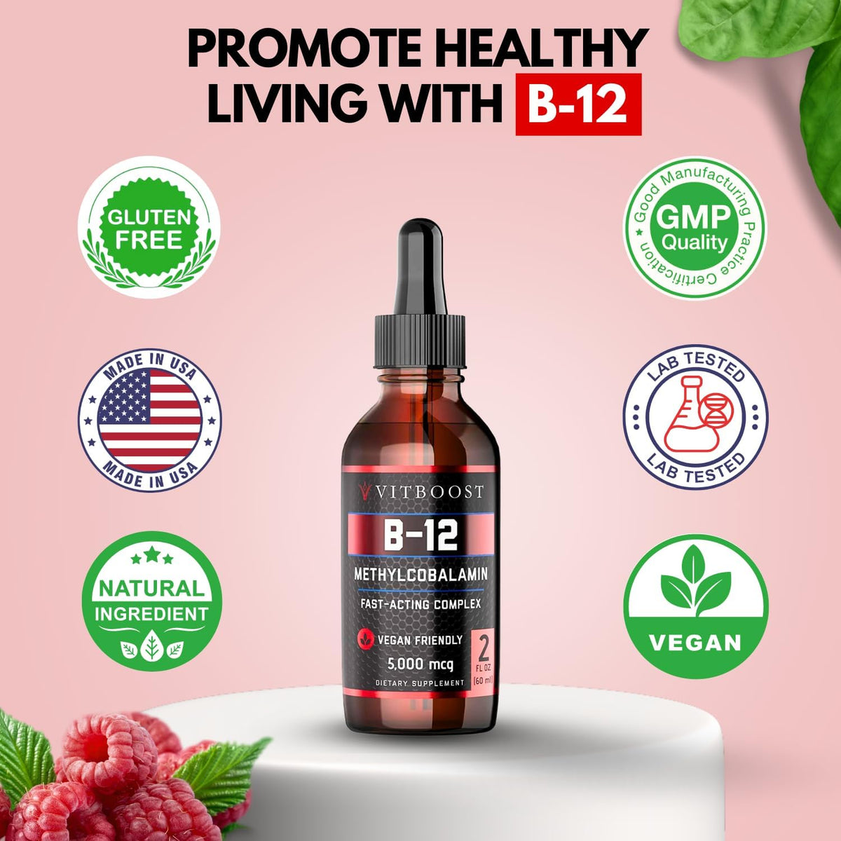 60 x 5000 mcg Raspberry Flavored Vitamin B12 Liquid Methylcobalamin Supplement M951