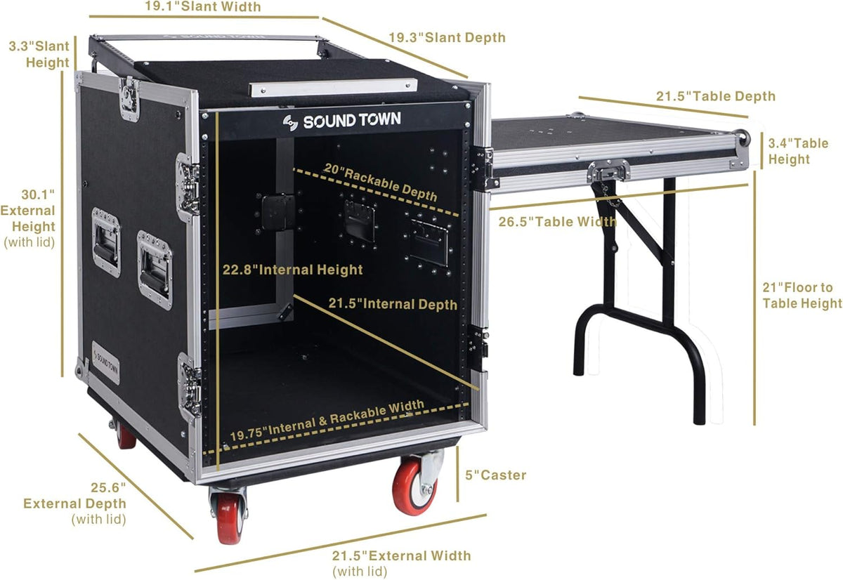 8U PA DJ Pro Audio Rack Case with 13U Slant Mixer Top and Casters W14745