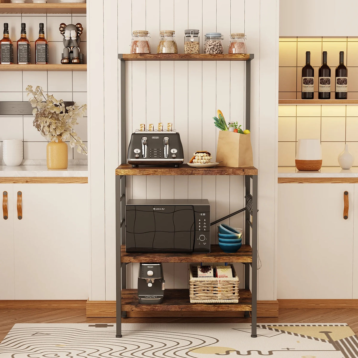 Rustic Brown Kitchen Baker's Rack Storage Shelf Microwave Cart Oven Stand Coffee Bar F61165