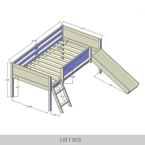 Antique Gray Wood Twin Loft Bed Frame with Slide, Climbing Ladder, Chalkboard, Guardrail V691