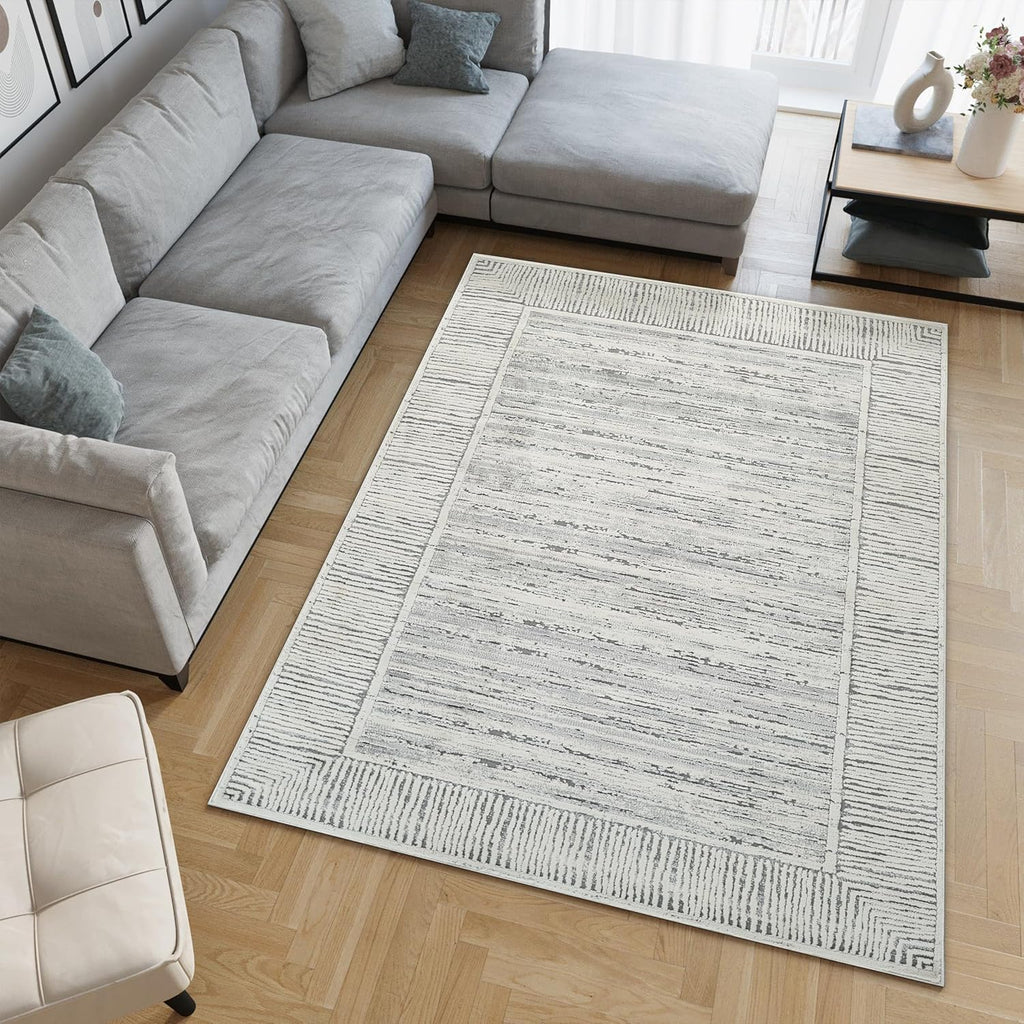 Grey & Ivory Striped Stain Resistant 8x10 Area Rug E26212