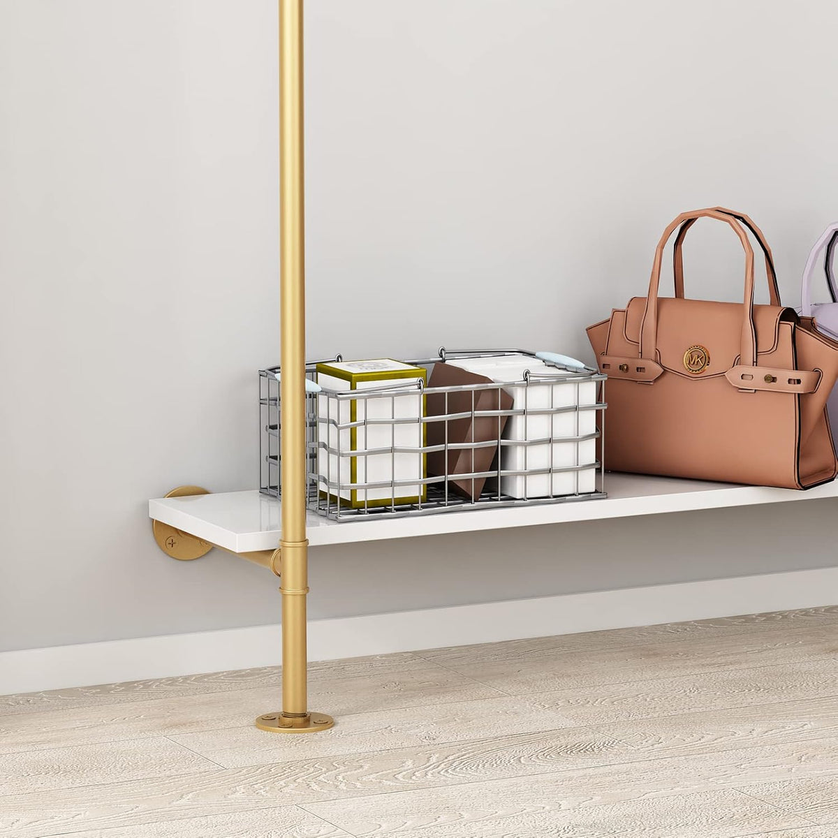 Industrial Pipe Clothing Rack with 2-tier Wooden Shelves Gold E38762