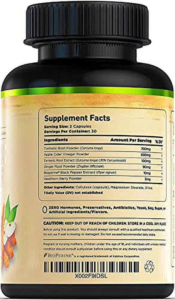 Turmeric Curcumin with Ginger & Apple Cider Vinegar, BioPerine Black Pepper, 95% Curcuminoids, Antioxidant Supplement V97005
