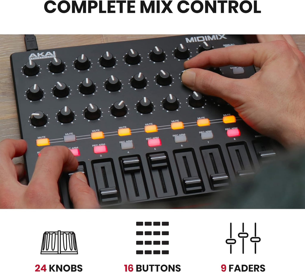 USB MIDI Controller Mixer with Assignable Faders, 24 Knobs, 16 Buttons K4074