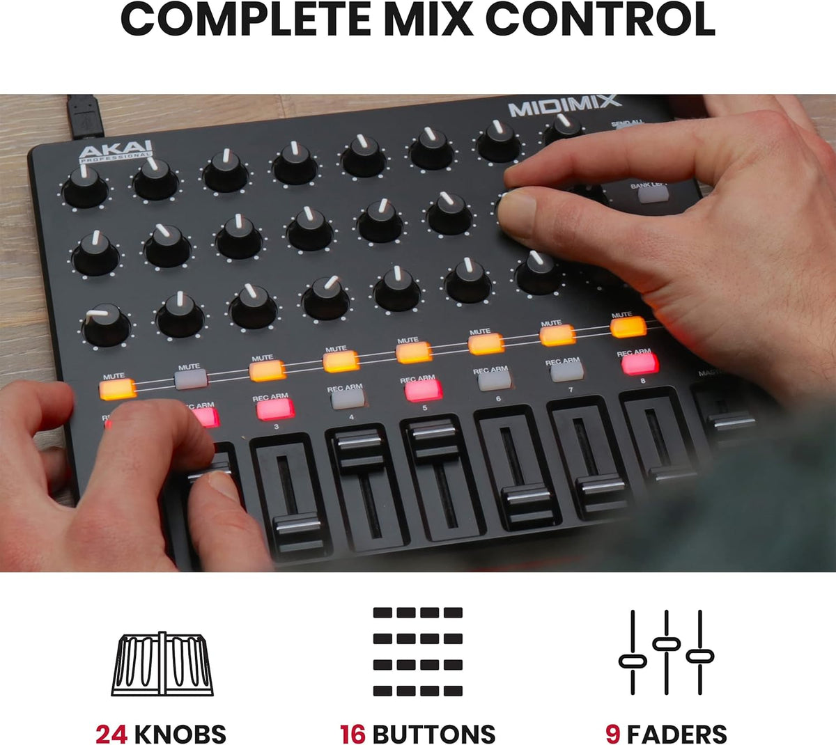 USB MIDI Controller Mixer with Assignable Faders, 24 Knobs, 16 Buttons K4074