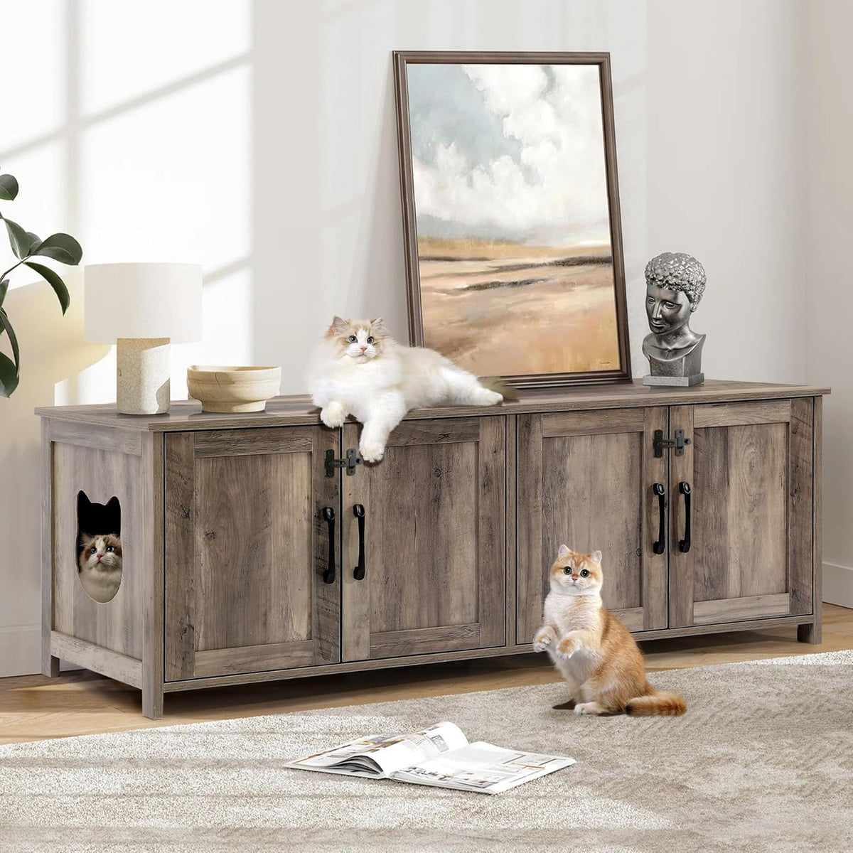Greige Wooden Cat Litter Box Enclosure with Lockable Door B24905