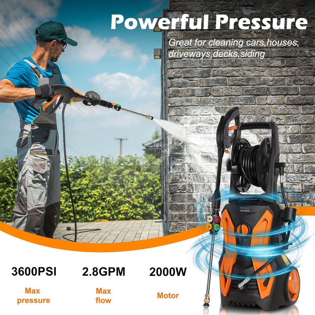 Electric Pressure Washer 3600PSI 2.4GPM 2000W with Hose Reel Spray Gun 5 Nozzle Adapter Foam Cannon K519135