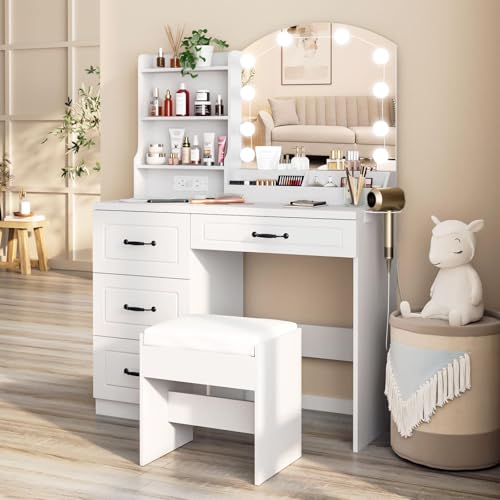 White Makeup Vanity Desk with Lights and Charging Station U347