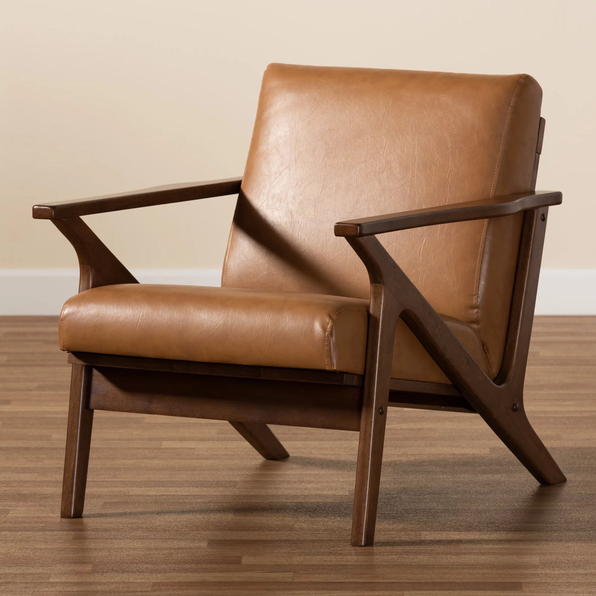 Walnut Brown Wood and Tan Faux Leather Lounge Chair W28394