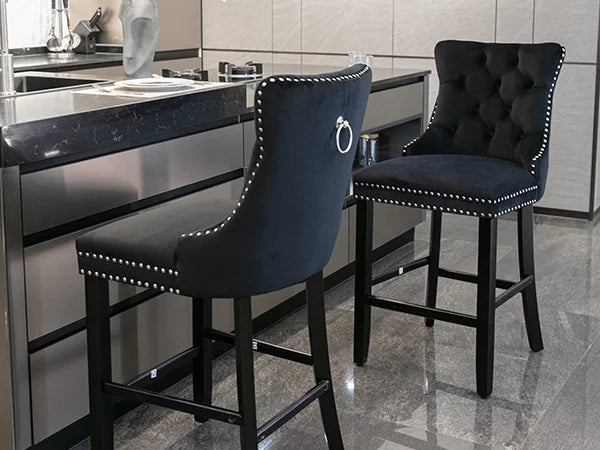 Black Velvet Upholstered Bar Stools Set of 4 P7118