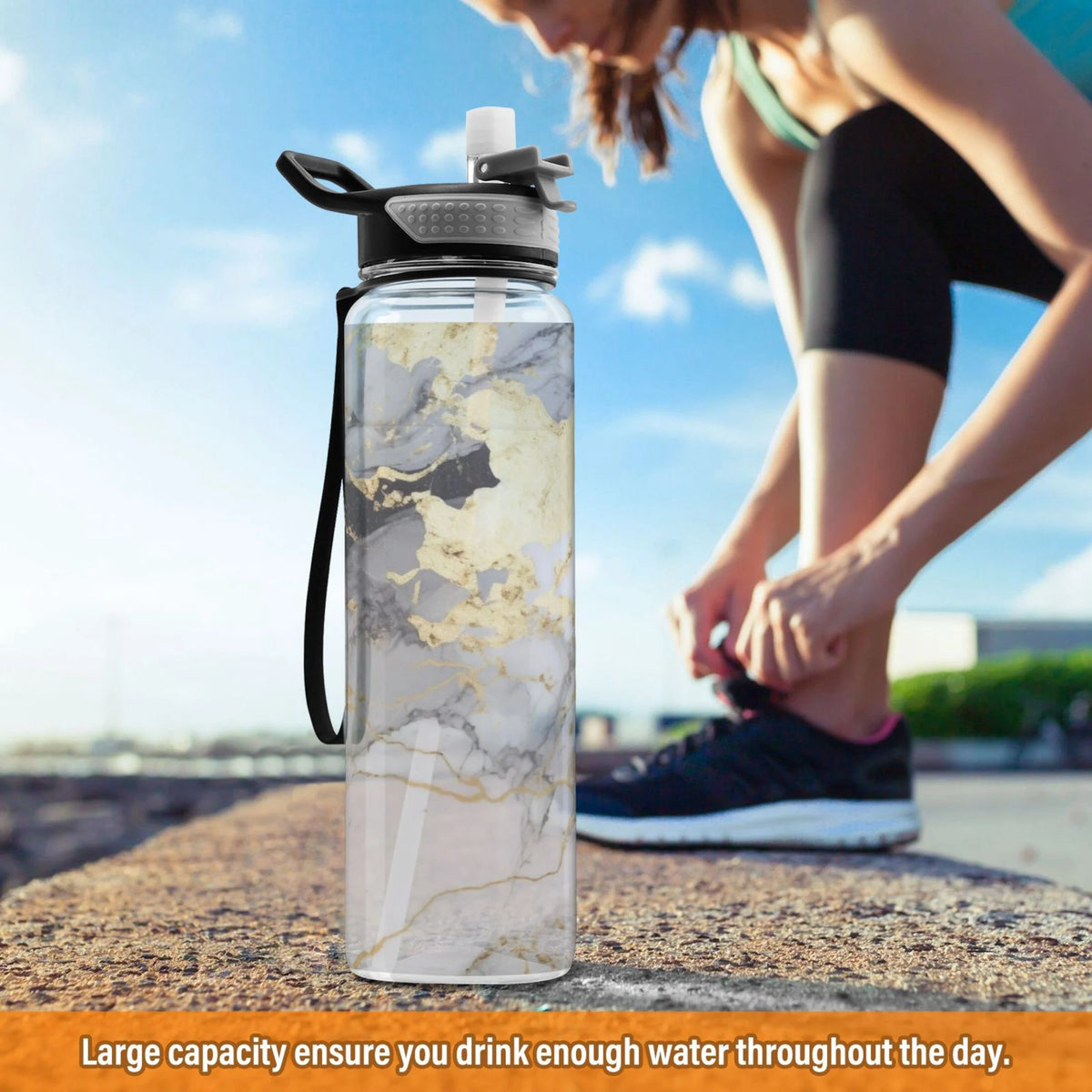 White and Black Golden Marble 32oz Tritan Leakproof Water Bottle with Straw U6090