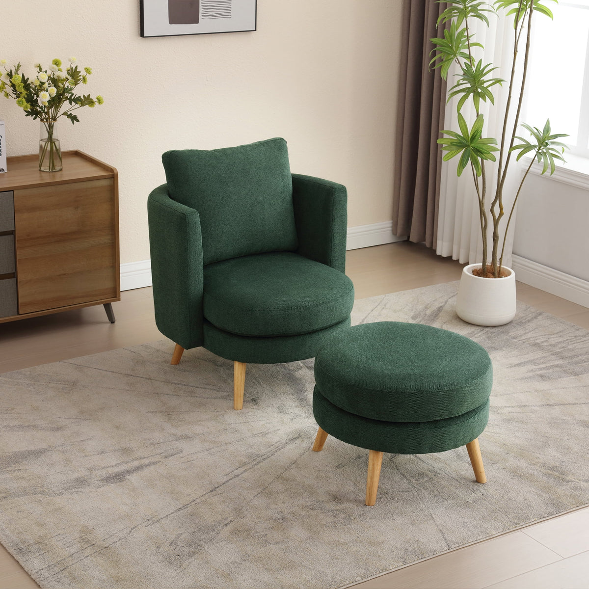 Green Polyester Blend Accent Chair with Ottoman and Throw Pillow I5633